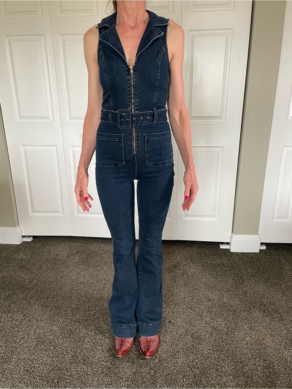 Show Me Your MuMu Dark Blue Denim Flare Jumpsuit with Belt - Picture 4 of 8
